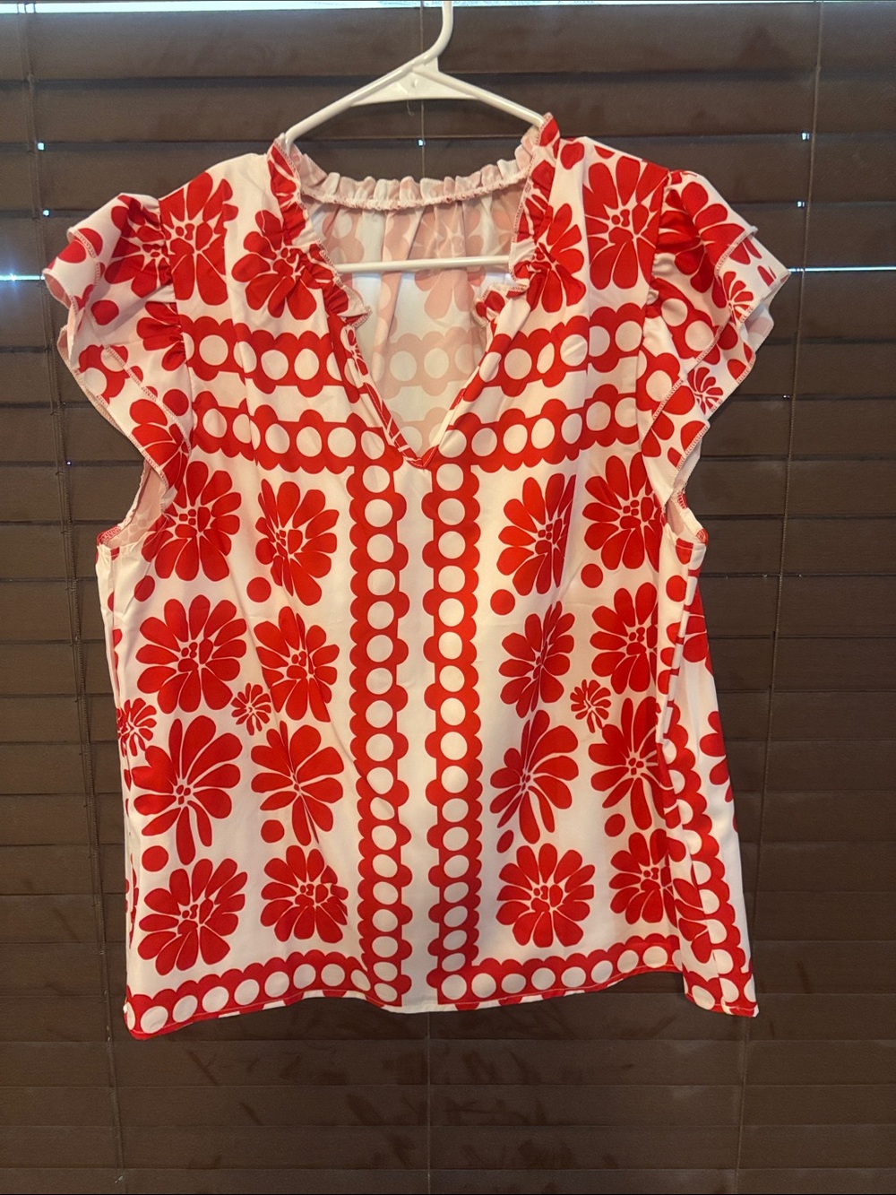 SHEIN Red and White Floral V-Neck Blouse